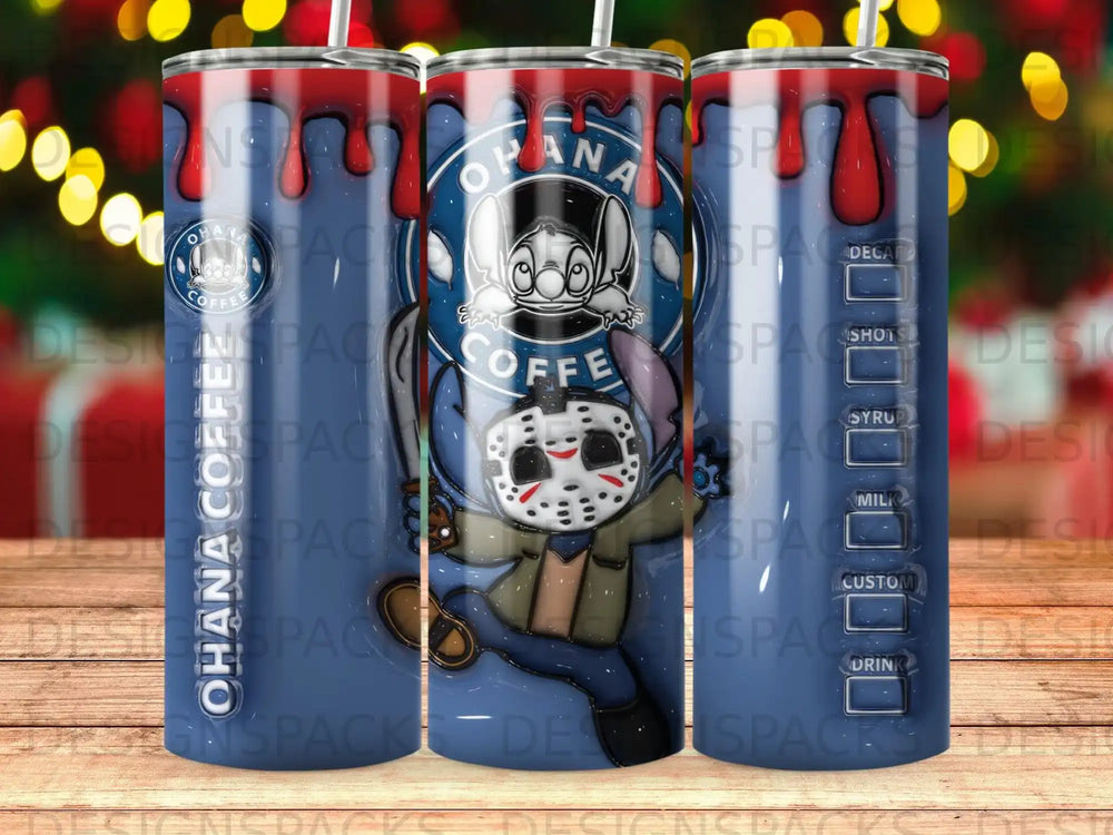 Tumbler with Stitch dressed as Jason Voorhees, "Ohana Coffee" text.