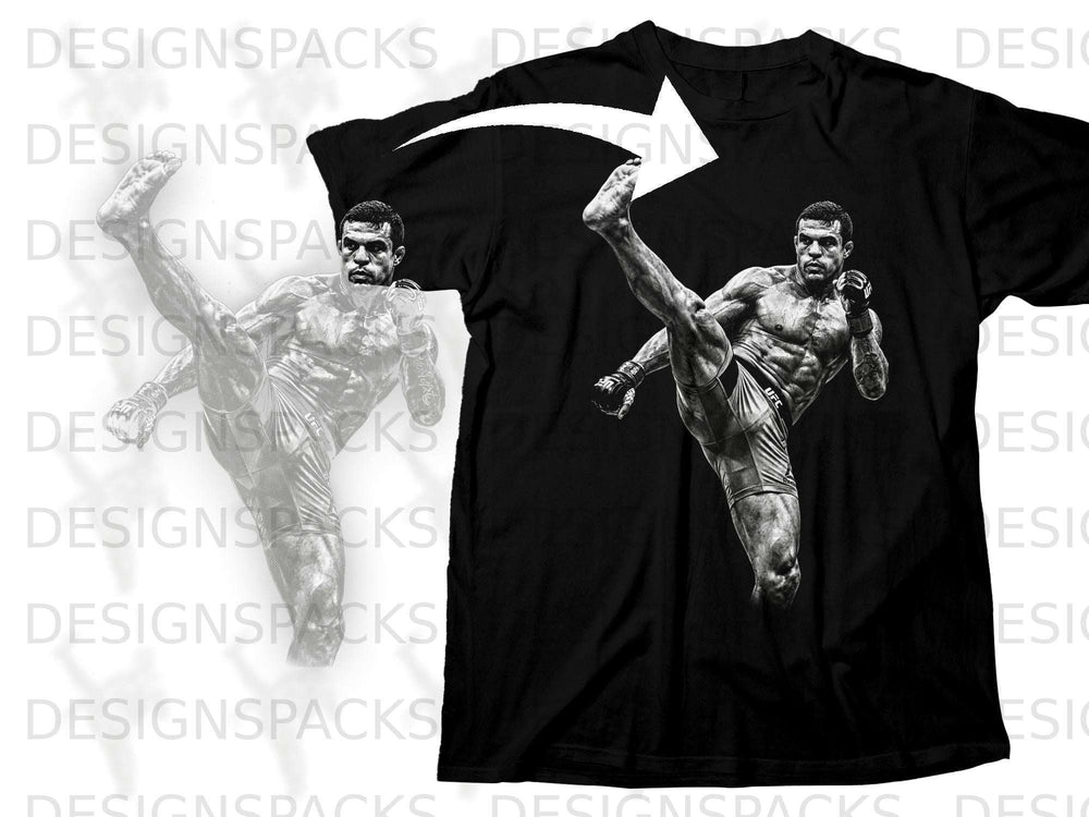 Black t-shirt with a black and white graphic of a mixed martial artist performing a kick.
