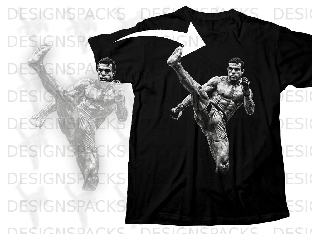 Black t-shirt with a black and white graphic of a mixed martial artist performing a kick.