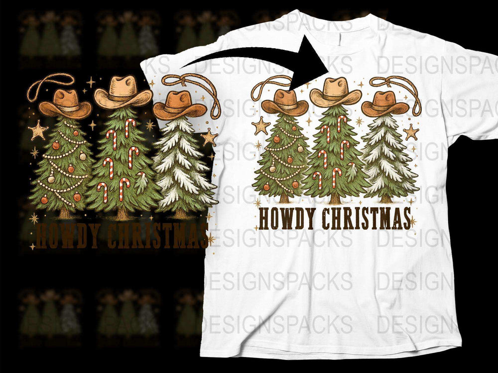 Howdy Christmas T-Shirt, Cowboy Hat Festive Tree Design, Holiday Casual Wear, Unique Western Christmas Gift