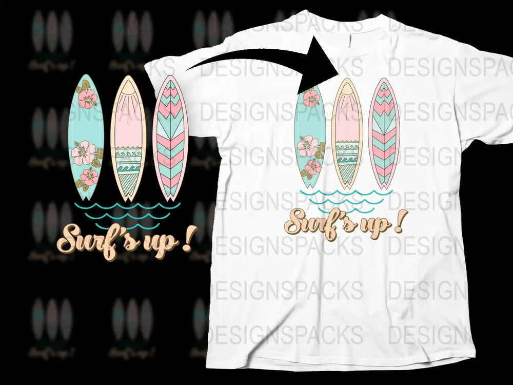 Surf's Up T-Shirt with Colorful Floral Surfboard Graphics, Casual Summer Tee, Beach Style Top, Pink and Turquoise Design