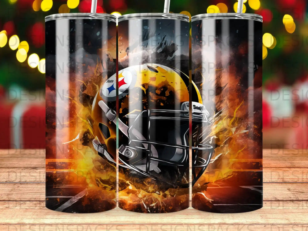 Pittsburgh Steelers helmet surrounded by flames and sparks on a dark background.