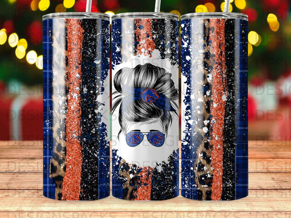 Glittery tumbler with blue and orange plaid, leopard print, and a distressed Bronco logo.