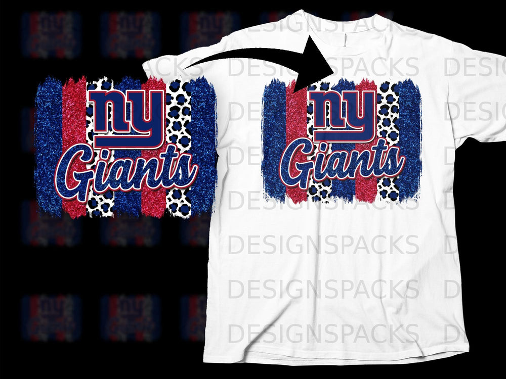 NY Giants logo with glittery red and blue stripes and leopard print.