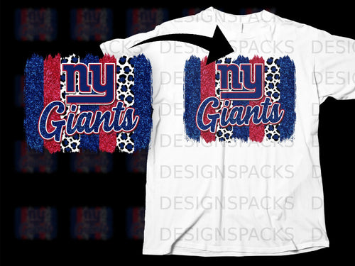NY Giants logo with glittery red and blue stripes and leopard print.