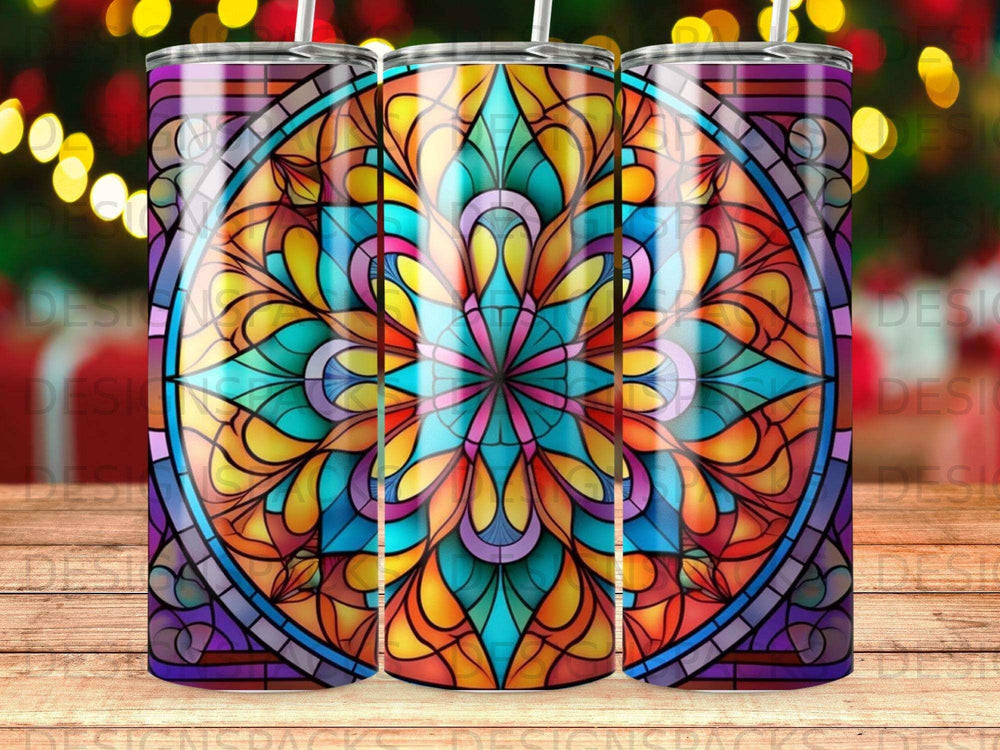 Colorful stained glass mandala tumbler design with bokeh background.