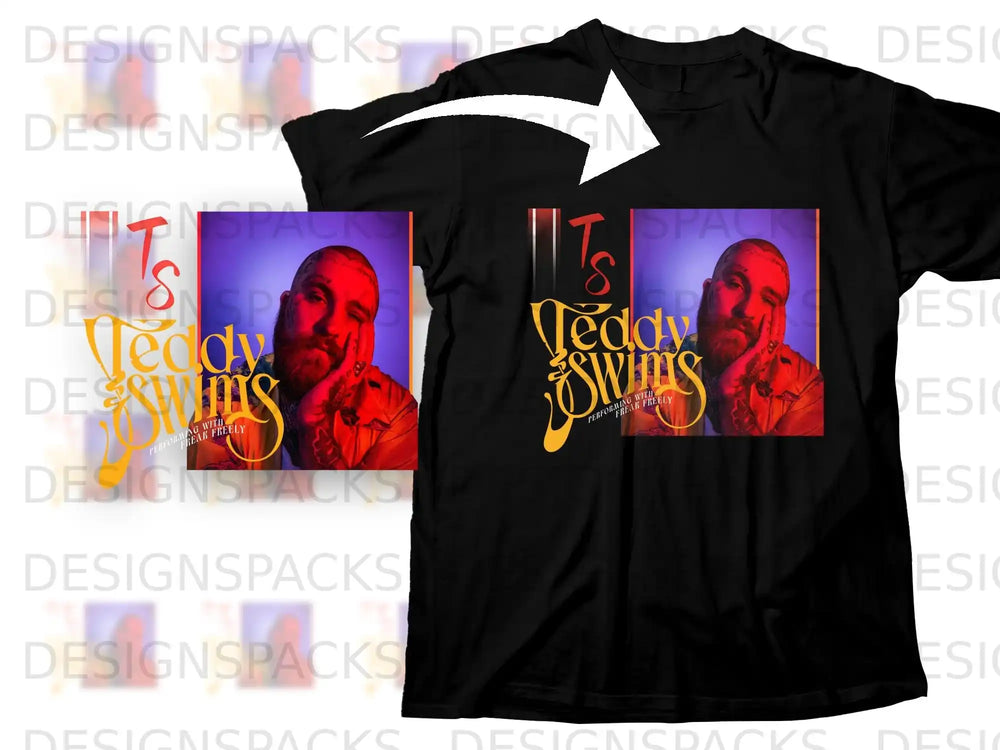 Black t-shirt with "Teddy Swims Performing with Freak Freely" graphic.