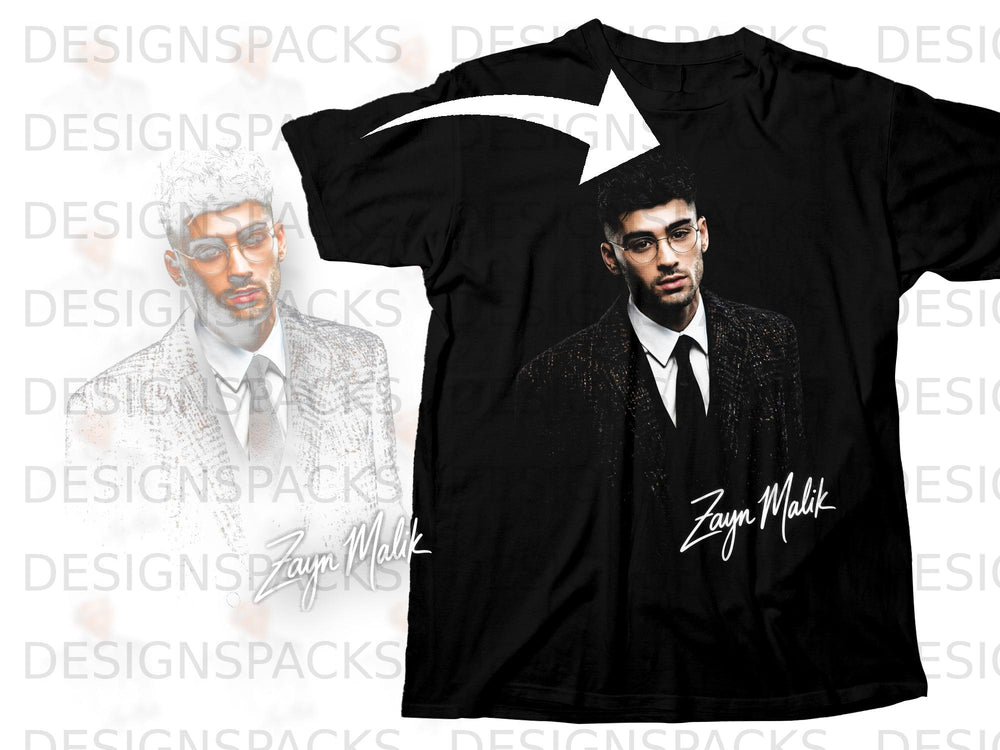 Black t-shirt with a portrait of Zayn Malik and his signature.