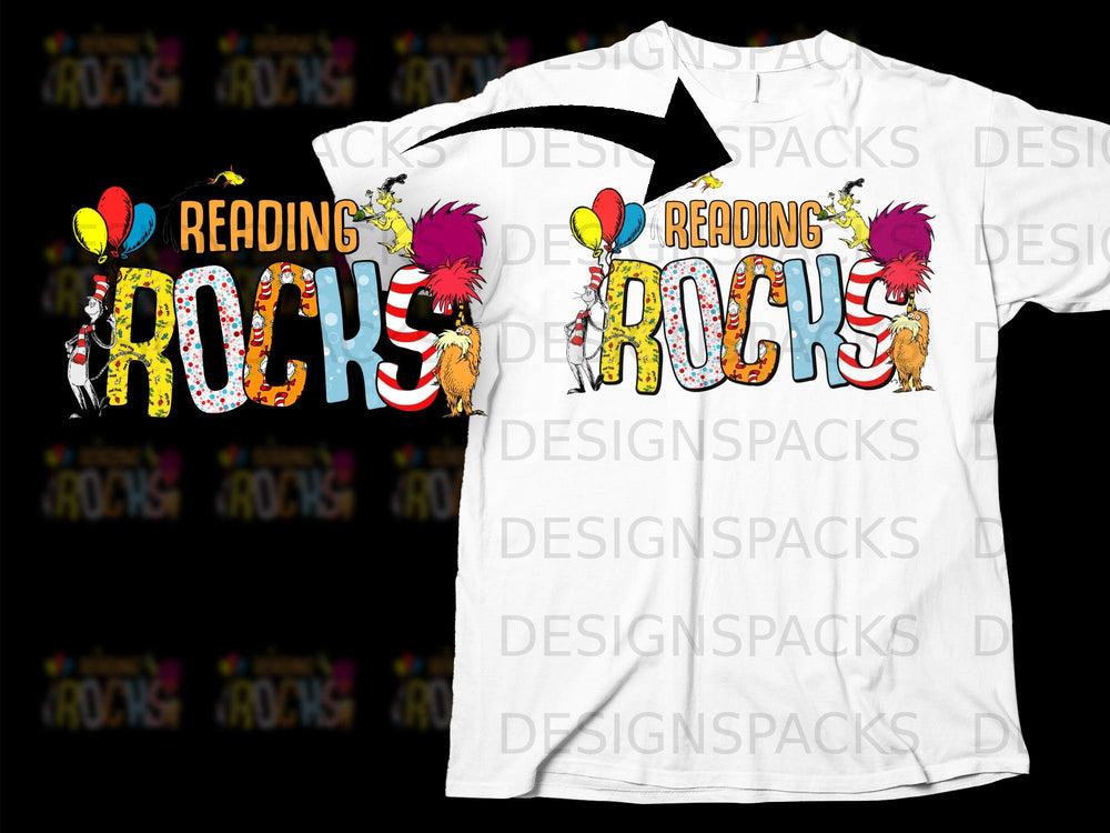 "Reading Rocks" graphic with Dr. Seuss characters on a white t-shirt.