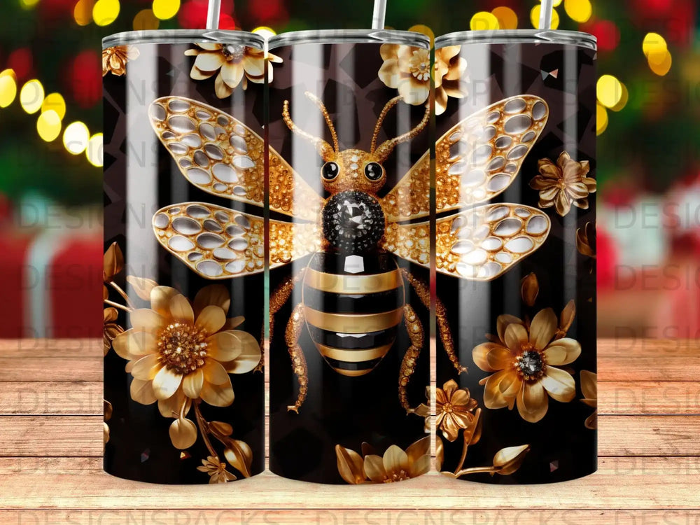 Bee and golden floral design on a black background, suitable for a tumbler.