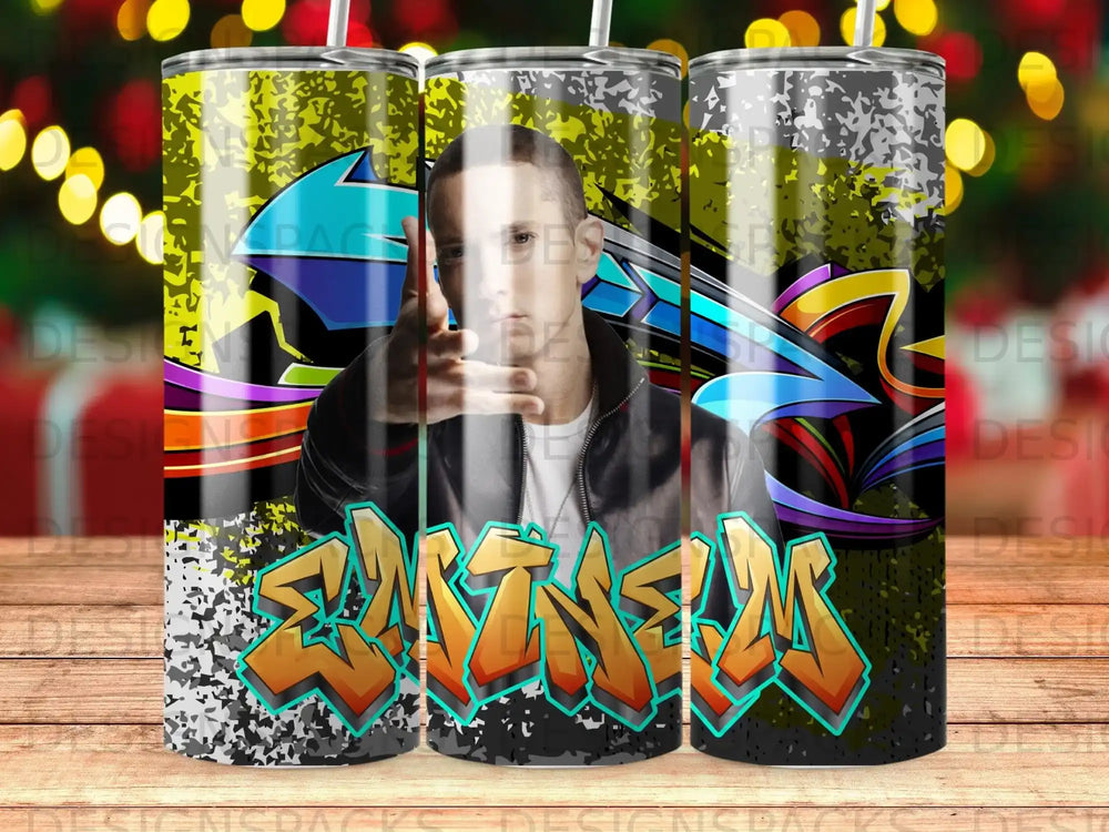 Eminem with graffiti art on a tumbler.
