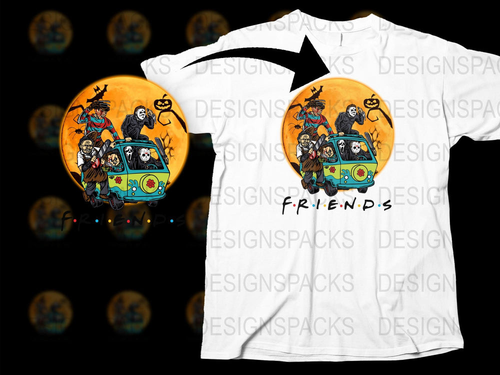 Halloween Friends T-Shirt, Spooky Cartoon Characters Van, Fun Party Costume Tee, Unique Graphic Design Shirt for All Ages