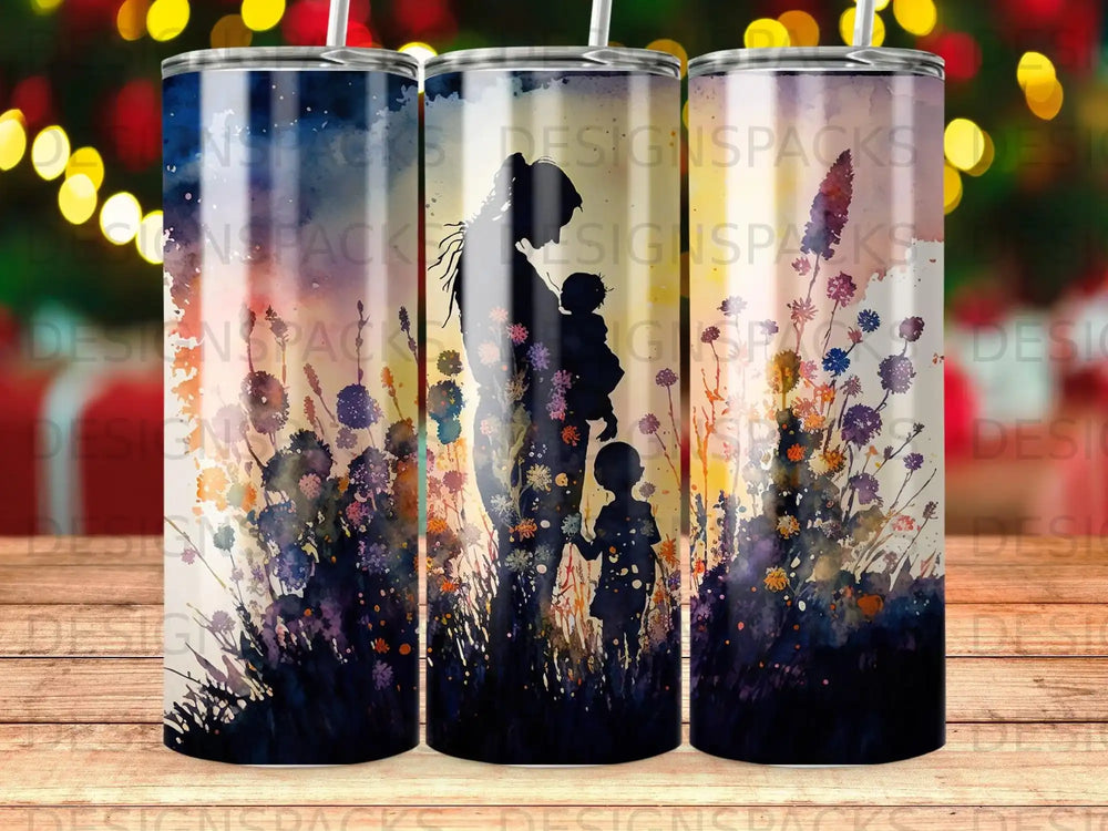 Watercolor silhouette of mother and two children in a field of wildflowers.