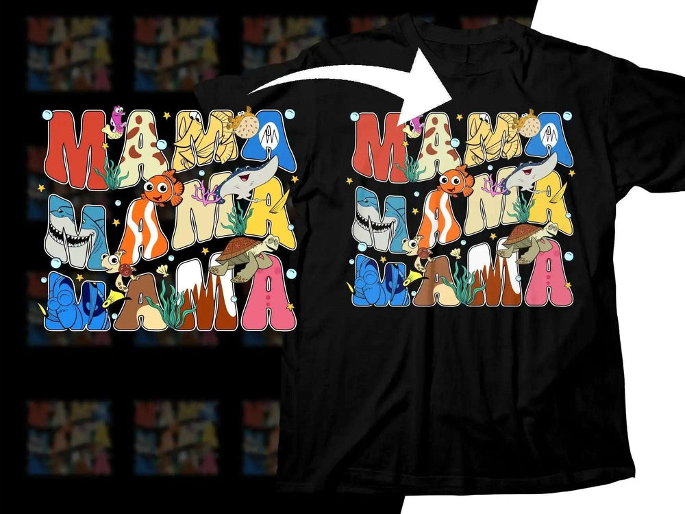 Mama Mama Mama t-shirt with colorful sea creatures and underwater design, print-ready for DTG/DTF.