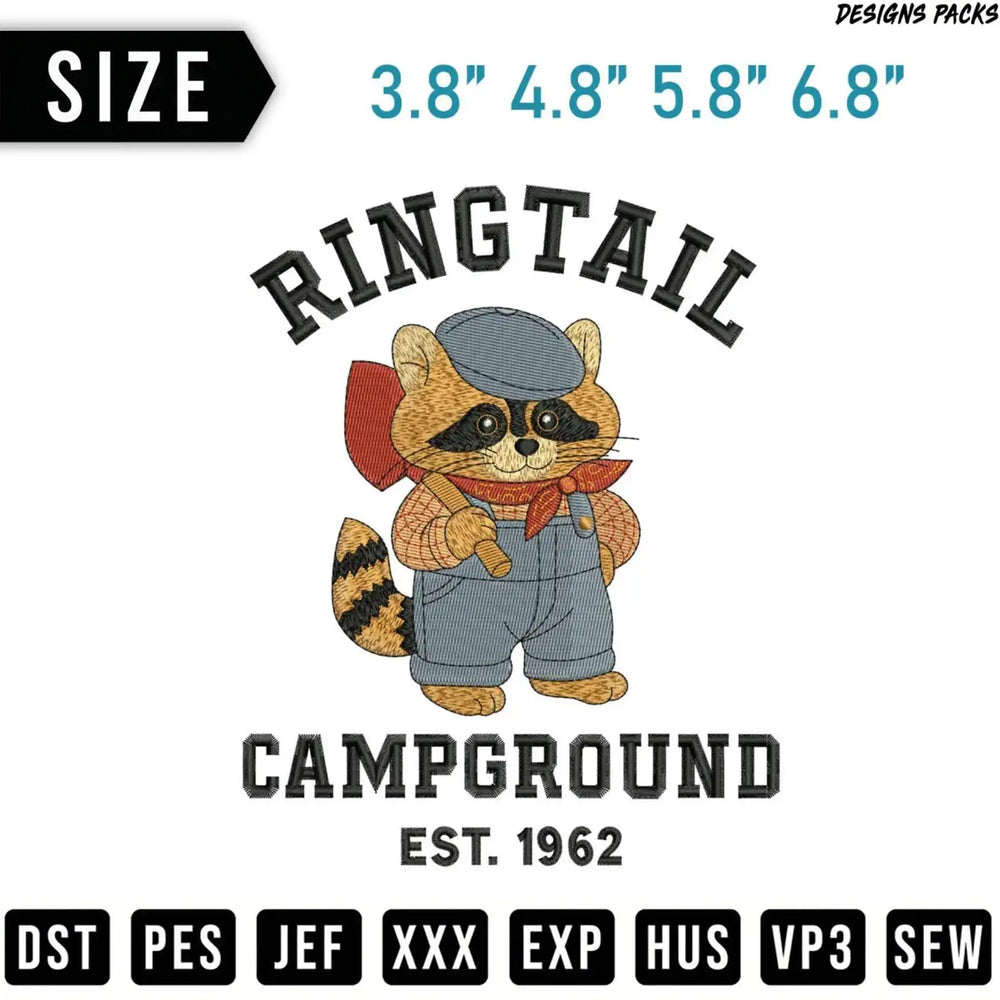 Embroidery design of a ringtail raccoon in overalls with an axe, with text CAMPGROUND EST. 1962.