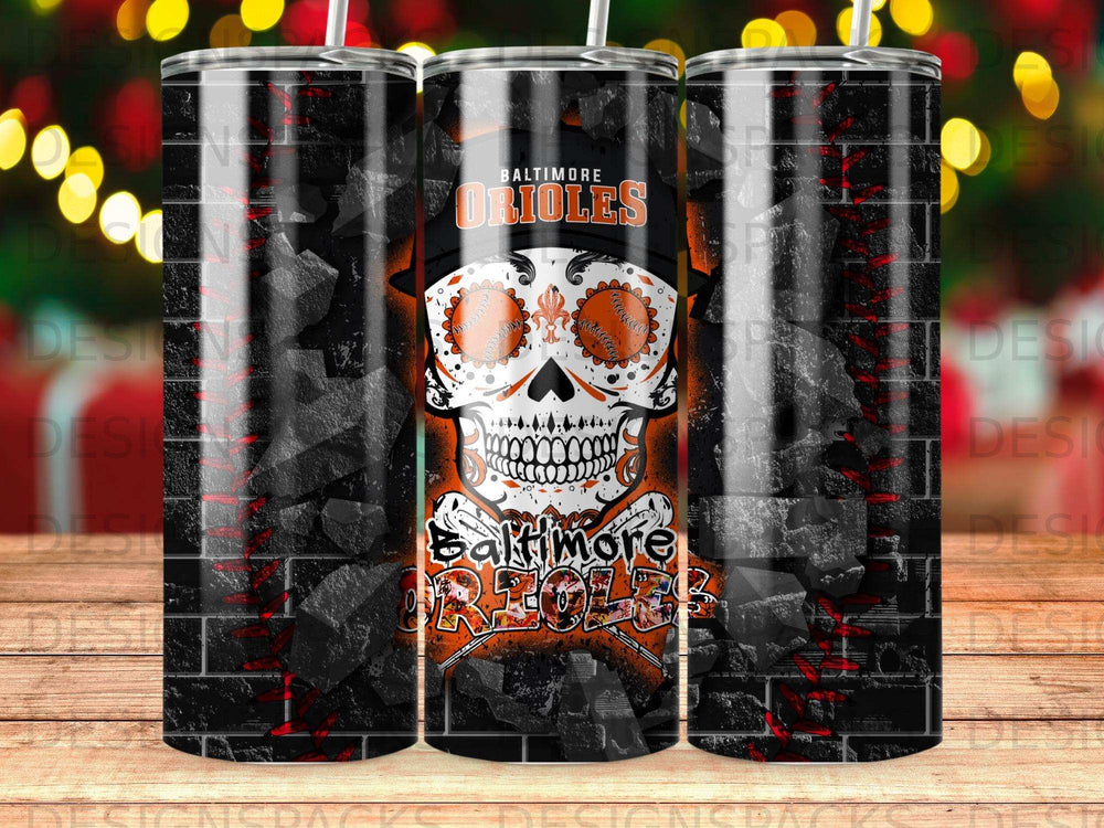 Baltimore Orioles skull design on a black brick pattern tumbler.