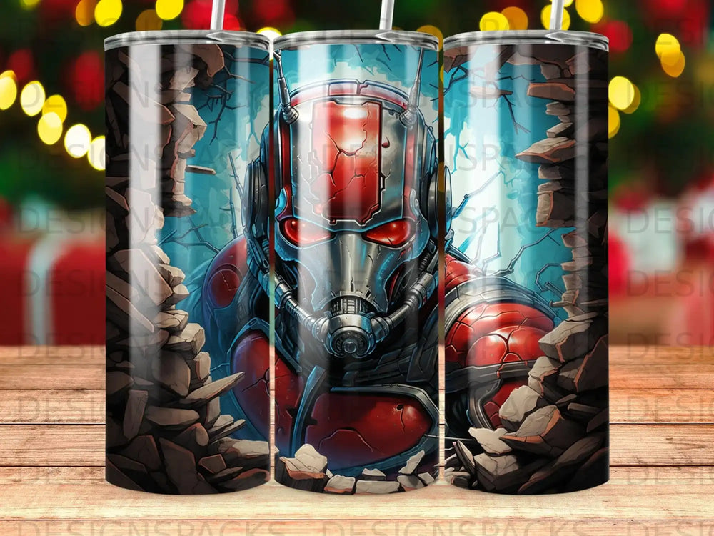 Ant-Man helmet design on a tumbler, breaking through stone wall.