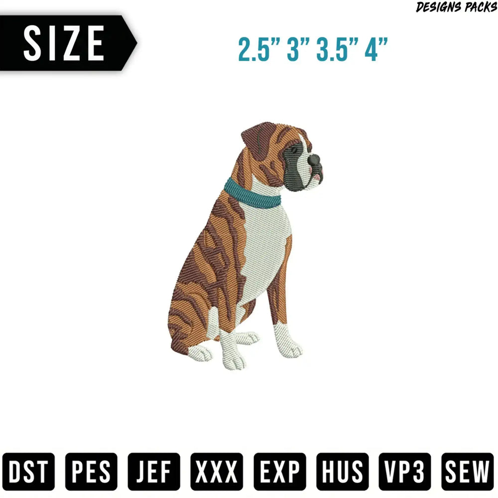 Boxer dog embroidery design with size and file format options.