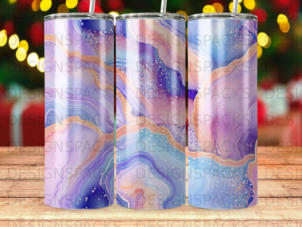 Tumbler with marbled purple, pink, and blue design.