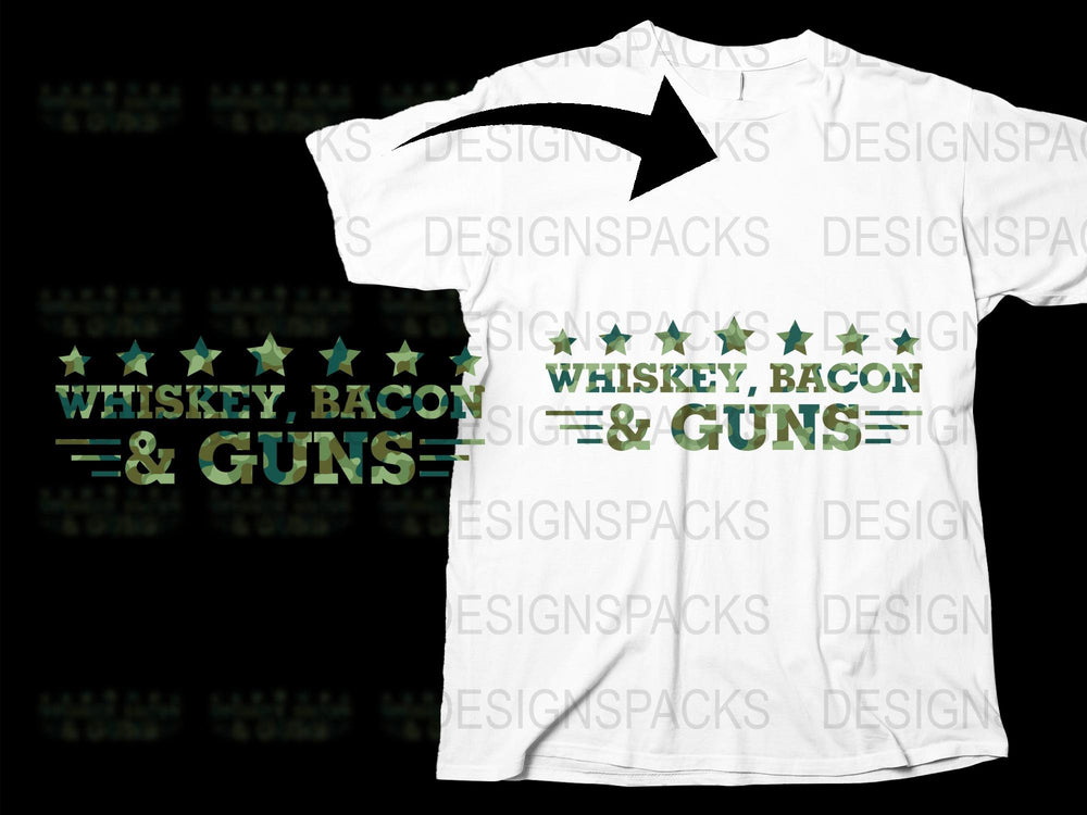 Whiskey Bacon and Guns Graphic T-Shirt, Novelty Statement Tee, Men's White Casual Shirt, Gift for Him