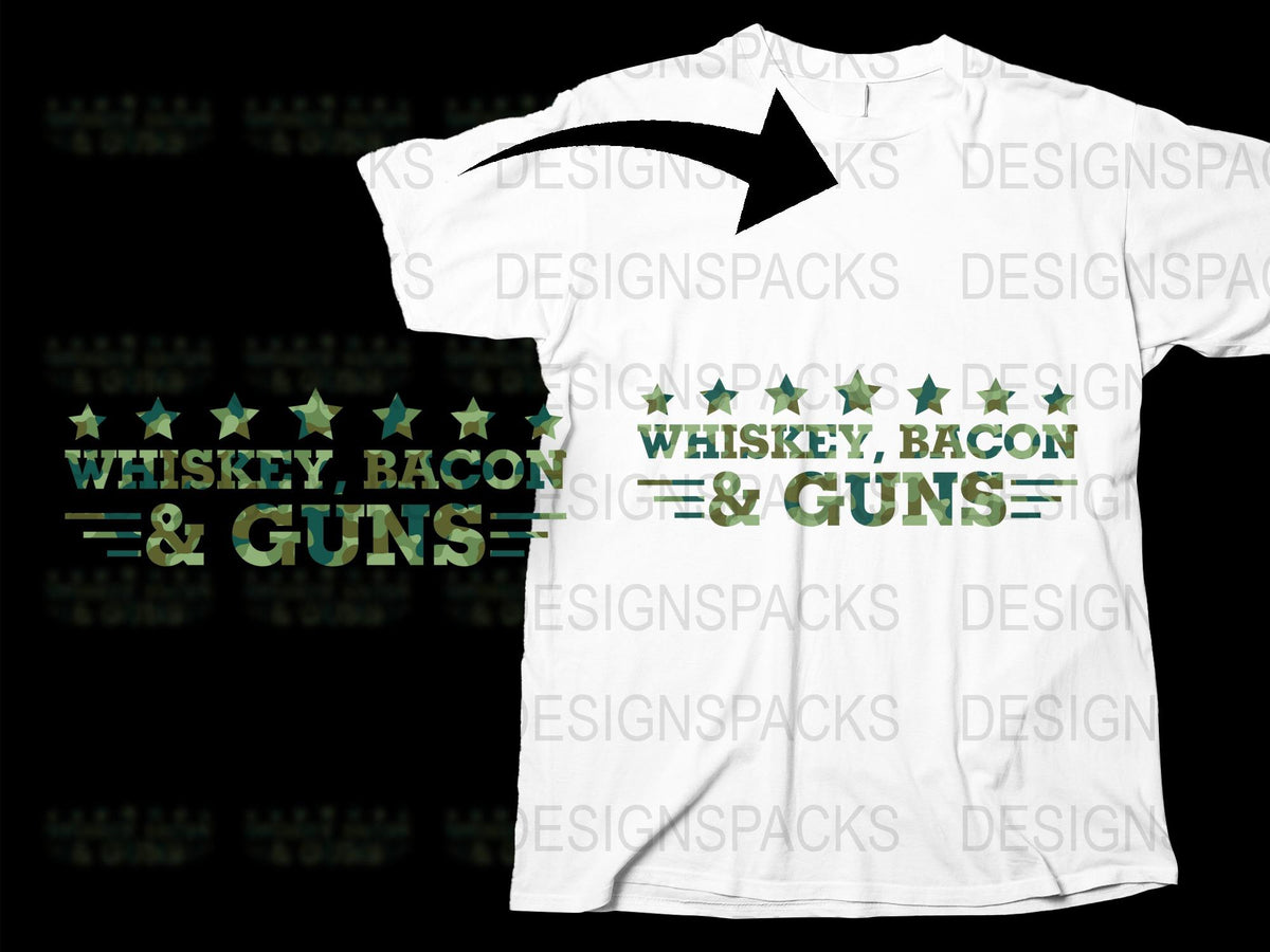 Whiskey Bacon and Guns Graphic T-Shirt, Novelty Statement Tee, Men's White Casual Shirt, Gift for Him