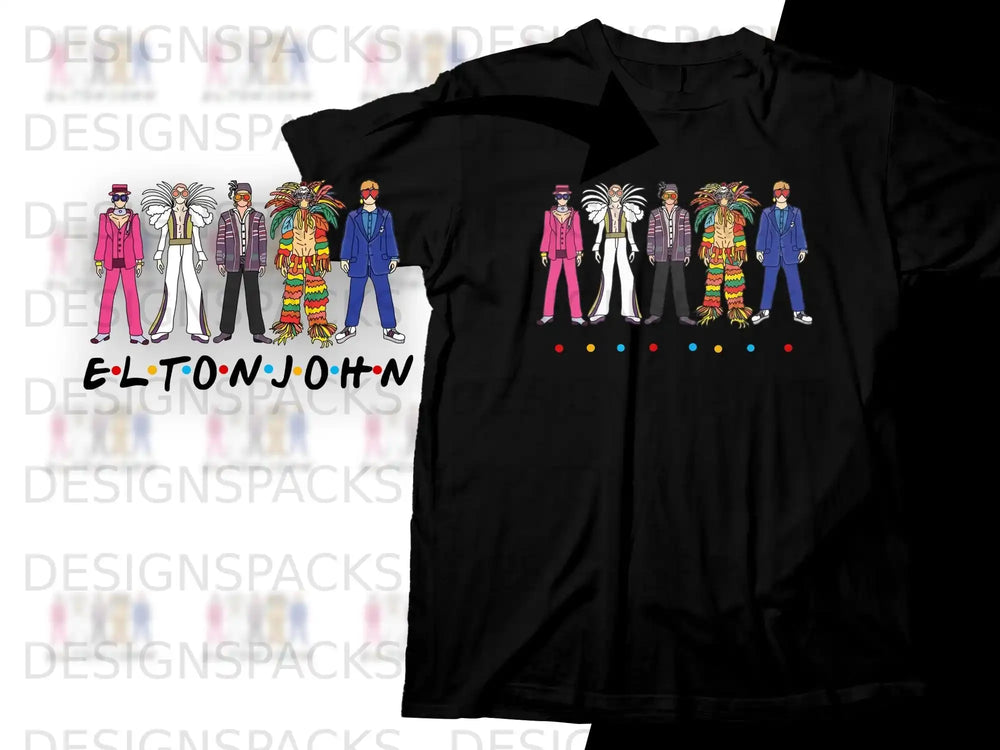 Elton John Friends parody graphic on a black t-shirt.