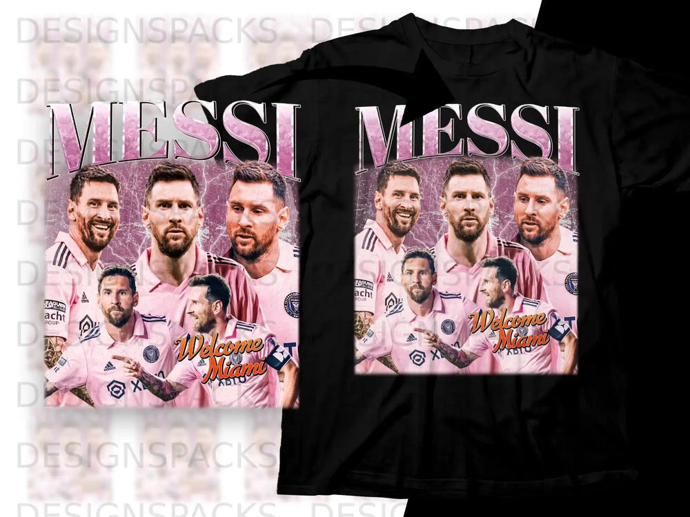 Lionel Messi collage with "Welcome Miami" text on pink and white t-shirt.