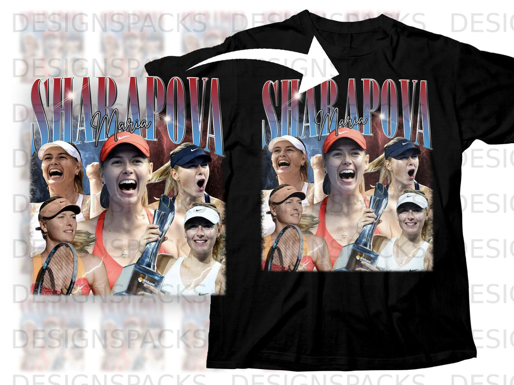 Collage of Maria Sharapova with trophy and "SHARAPOVA" text on black t-shirt.