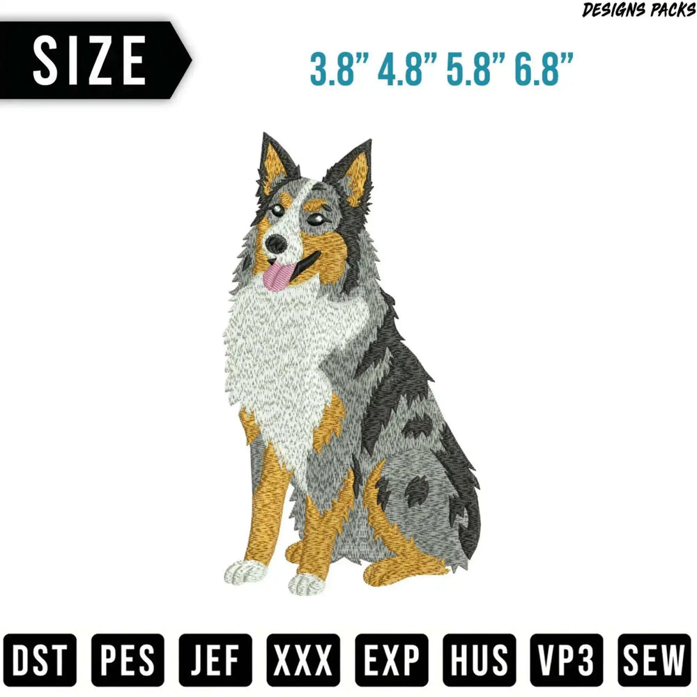 Australian Shepherd dog design with embroidery file formats and size options.