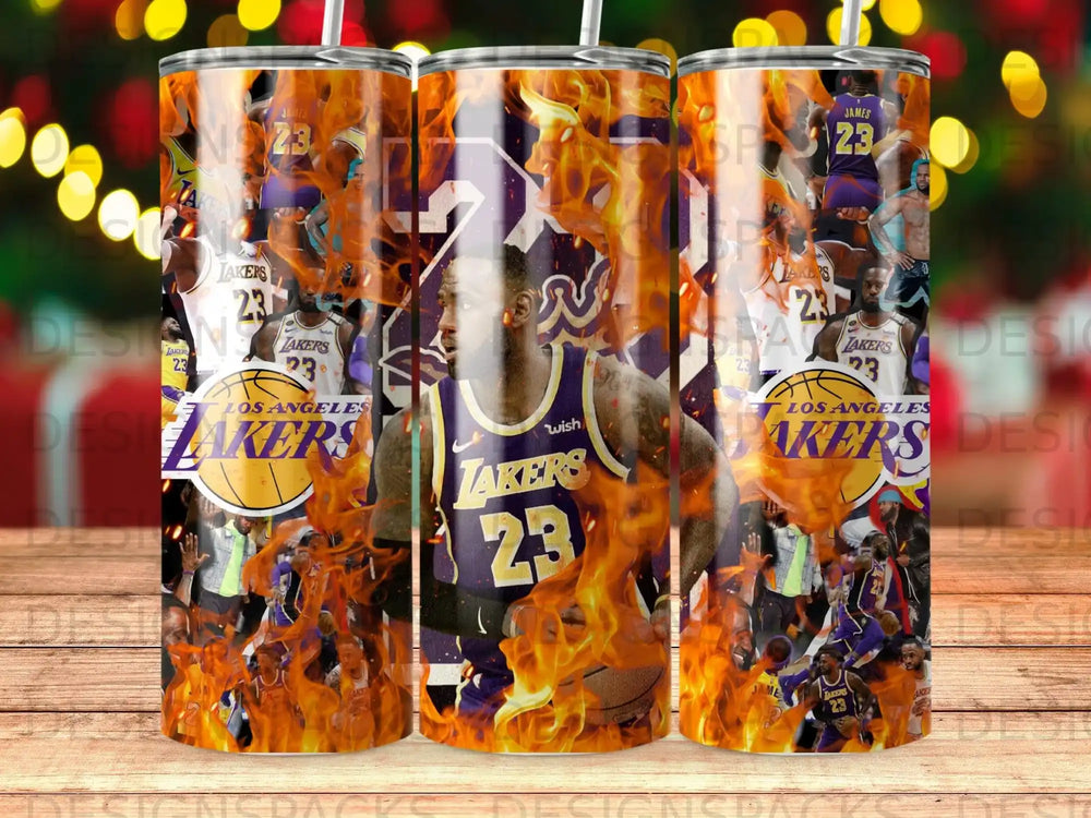 LeBron James wearing Lakers jersey 23, surrounded by flames and team logos.
