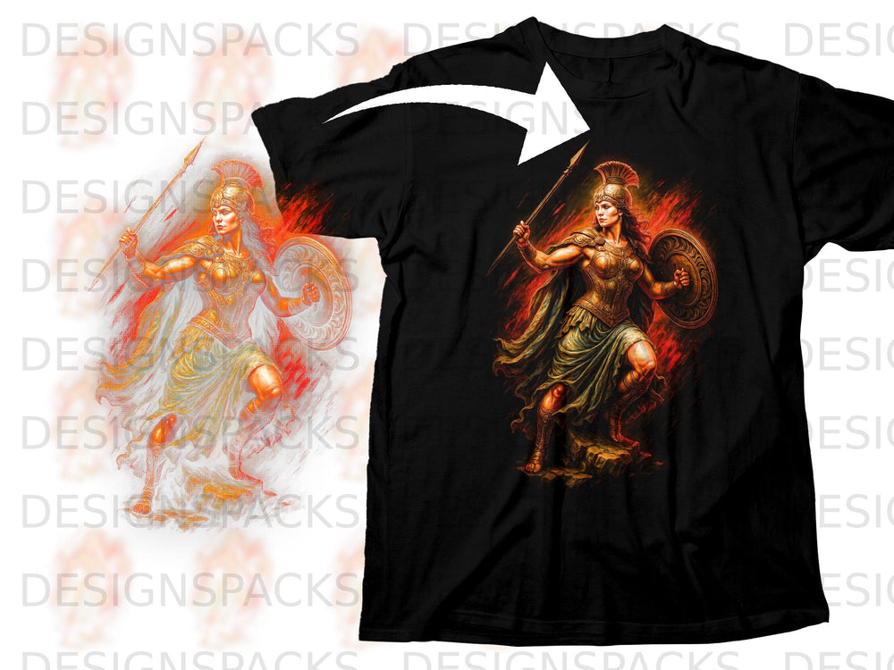 Black t-shirt featuring a warrior woman with spear and shield.
