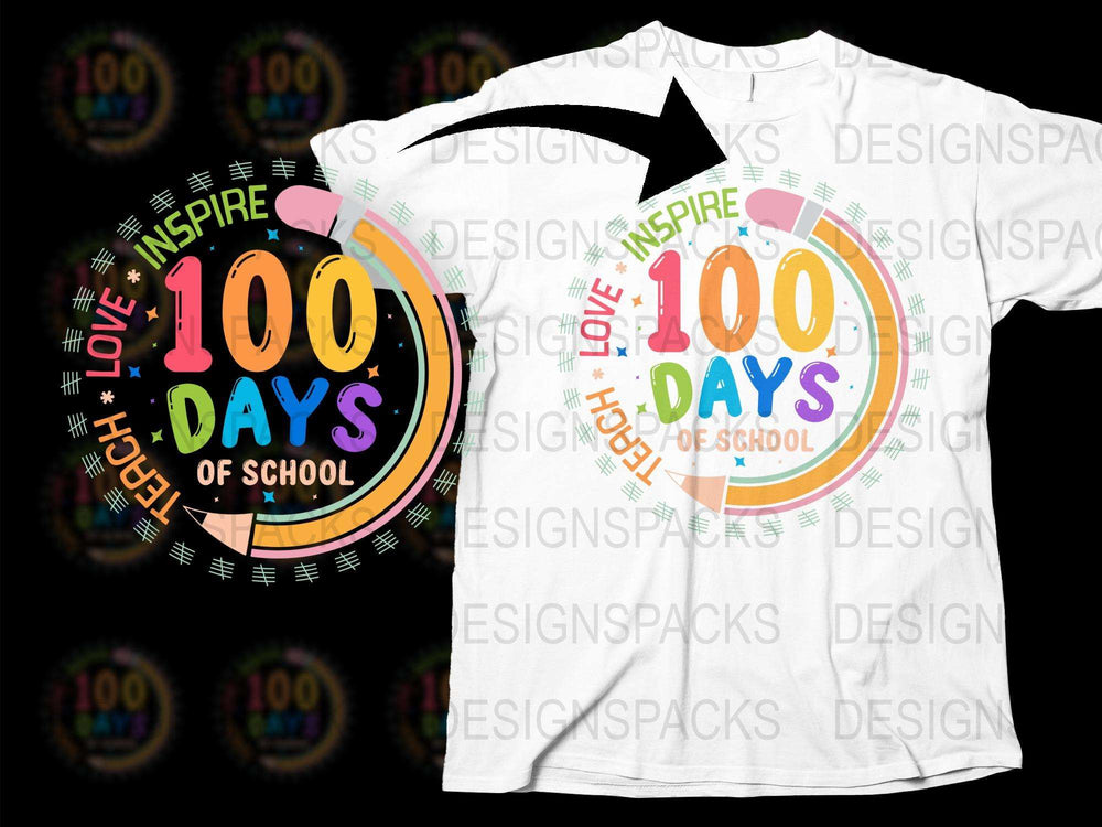 Colorful 100 Days of School T-Shirt, Inspire Teach Love Graphic Tee, Teacher Celebration Apparel, Fun School Event Shirt