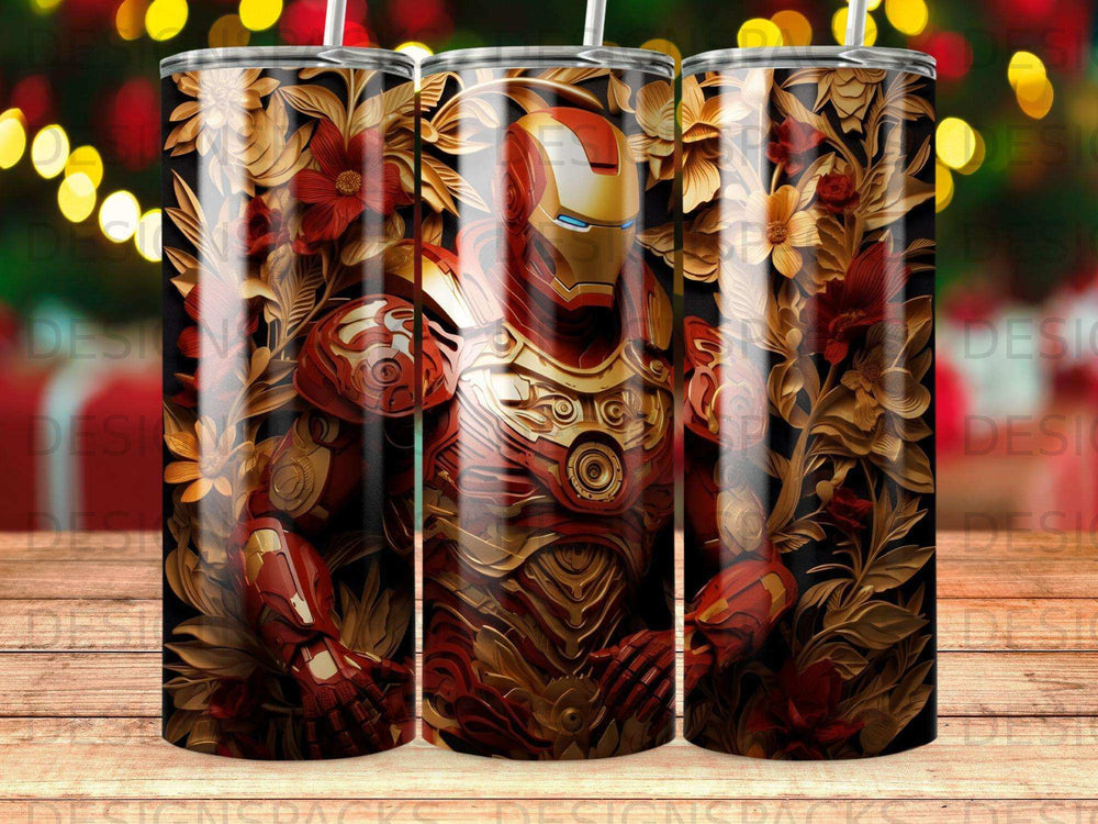 Iron Man with red and gold armor among floral and leaf patterns.