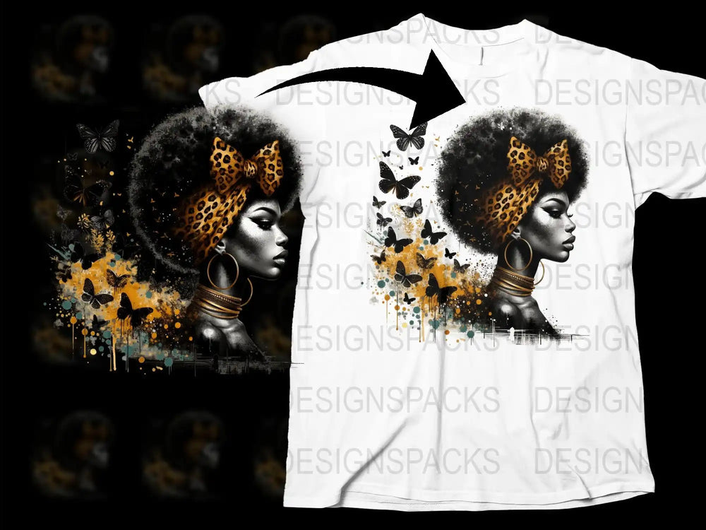 Afrocentric T-shirt, African Queen Portrait with Butterflies, Gold Splash, Artistic Graphic Tee, Black and White