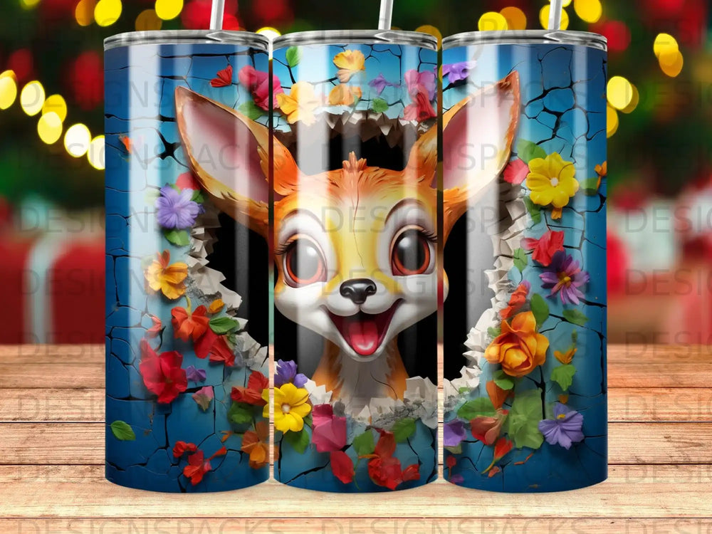 Cartoon deer peeking through a cracked blue background with colorful flowers.