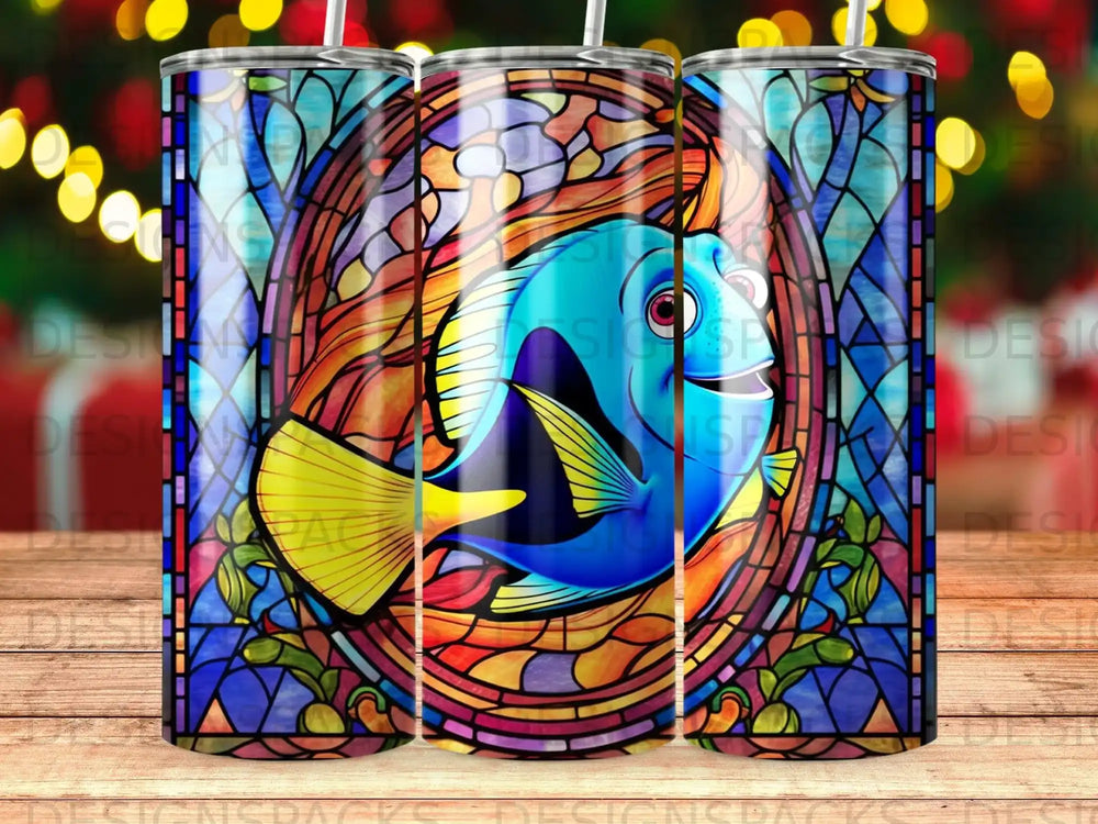 Blue fish in stained glass window design on a tumbler.