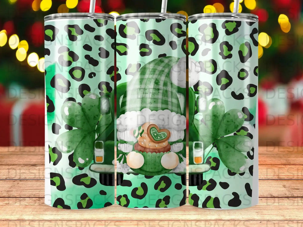 Green gnome with shamrocks and leopard print on a tumbler.