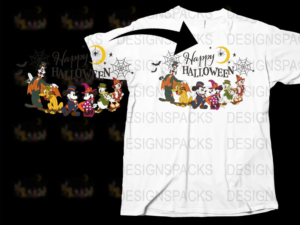 Happy Halloween T-Shirt, Cartoon Witch and Pumpkin Design, Unisex Kids and Adults Tee