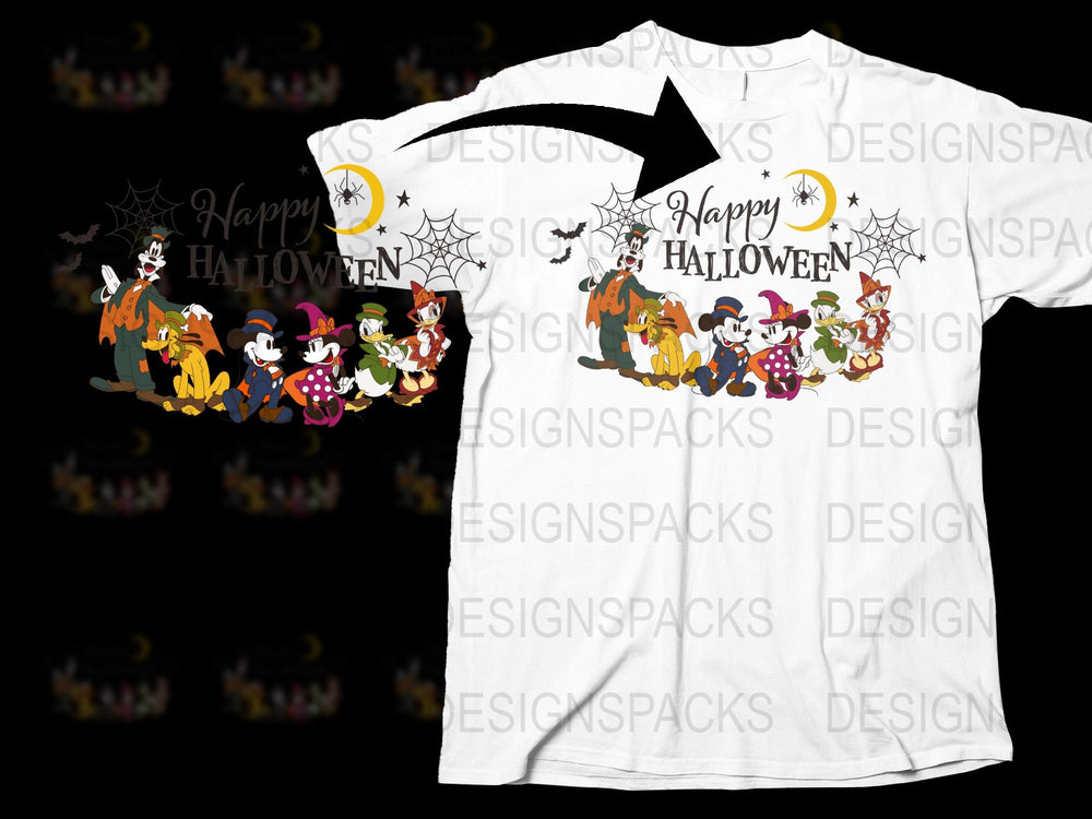 Happy Halloween T-Shirt, Cartoon Witch and Pumpkin Design, Unisex Kids and Adults Tee