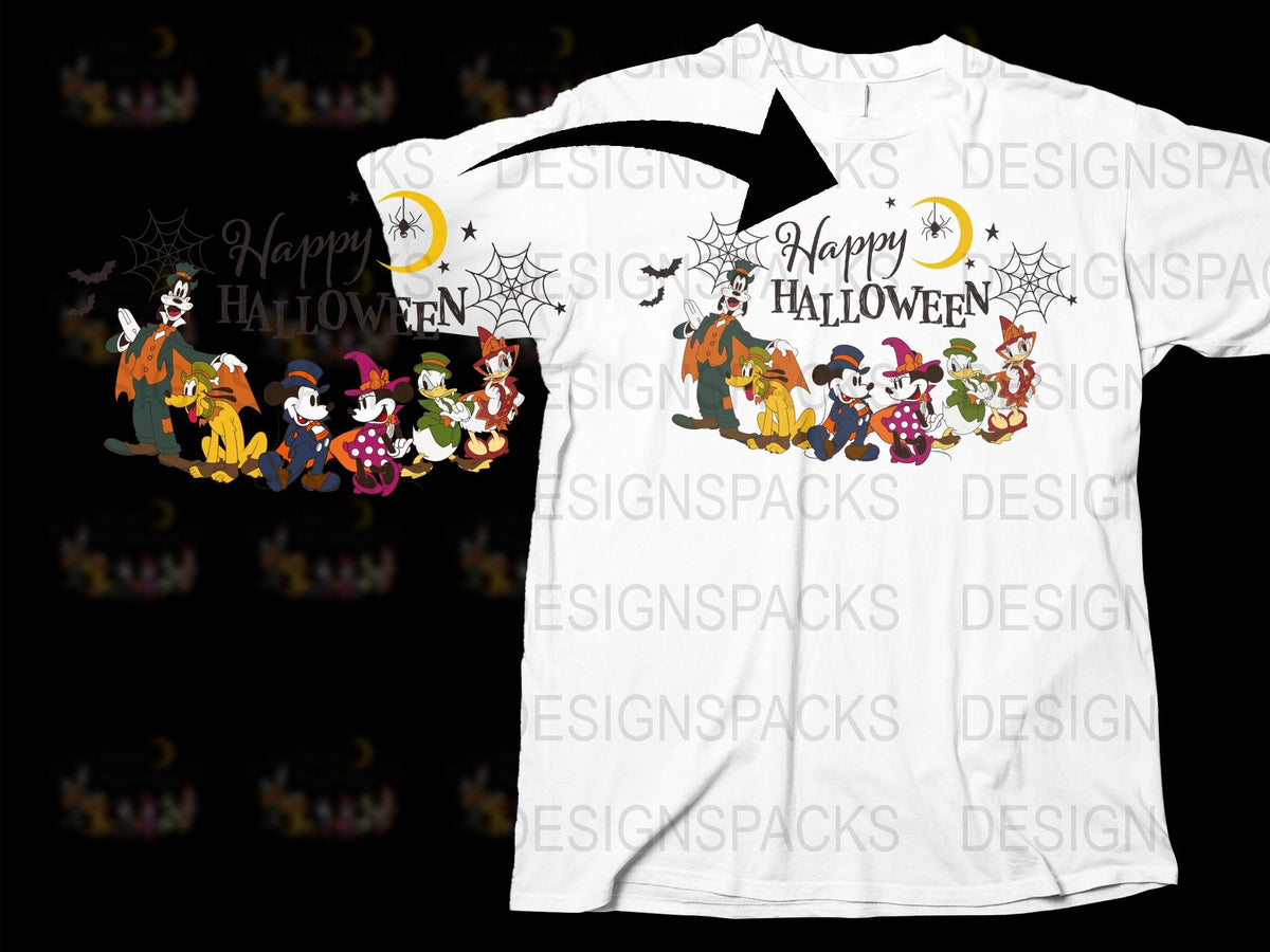 Happy Halloween T-Shirt, Cartoon Witch and Pumpkin Design, Unisex Kids and Adults Tee