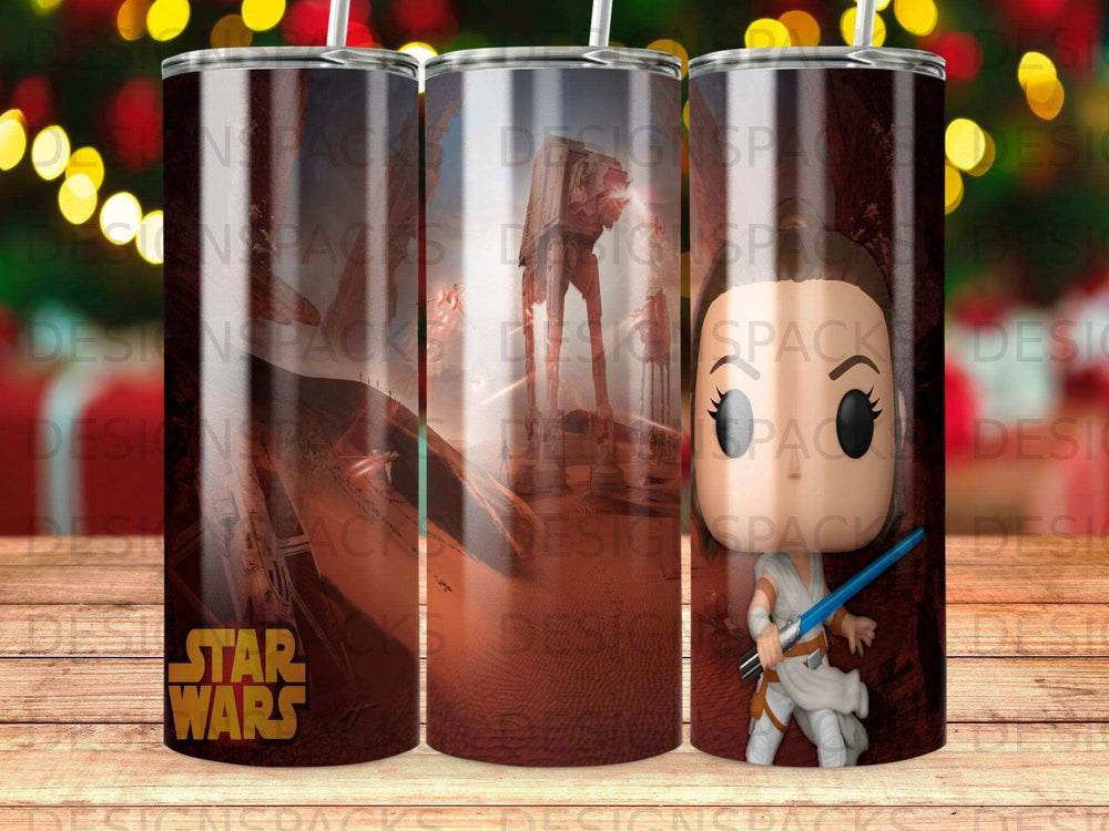 Star Wars Rey with blue lightsaber and AT-AT walker battle scene.