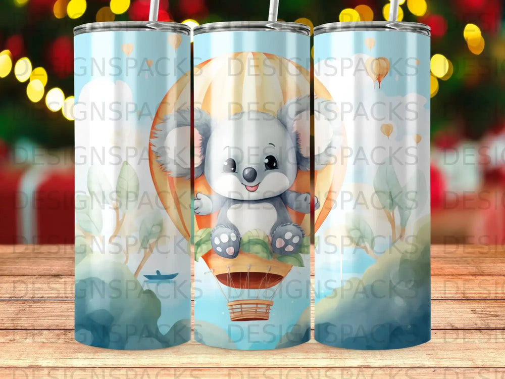 Cute cartoon koala in a hot air balloon, blue sky background.