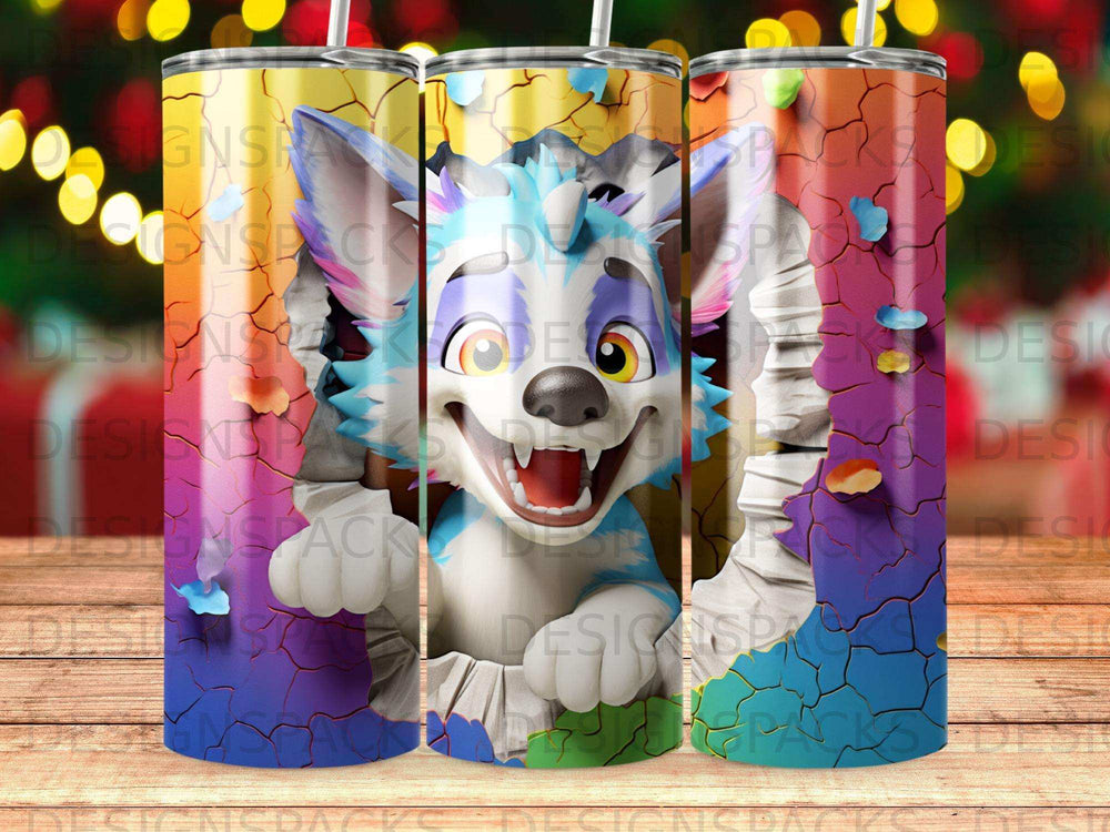 Cartoon wolf with blue fur and playful expression on a colorful tumbler.