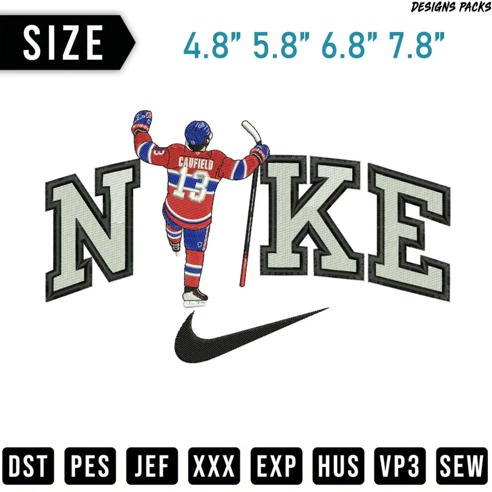 Embroidery design of hockey player Cole Caufield in front of Nike logo.