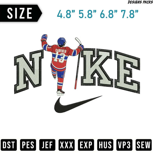 Embroidery design of hockey player Cole Caufield in front of Nike logo.