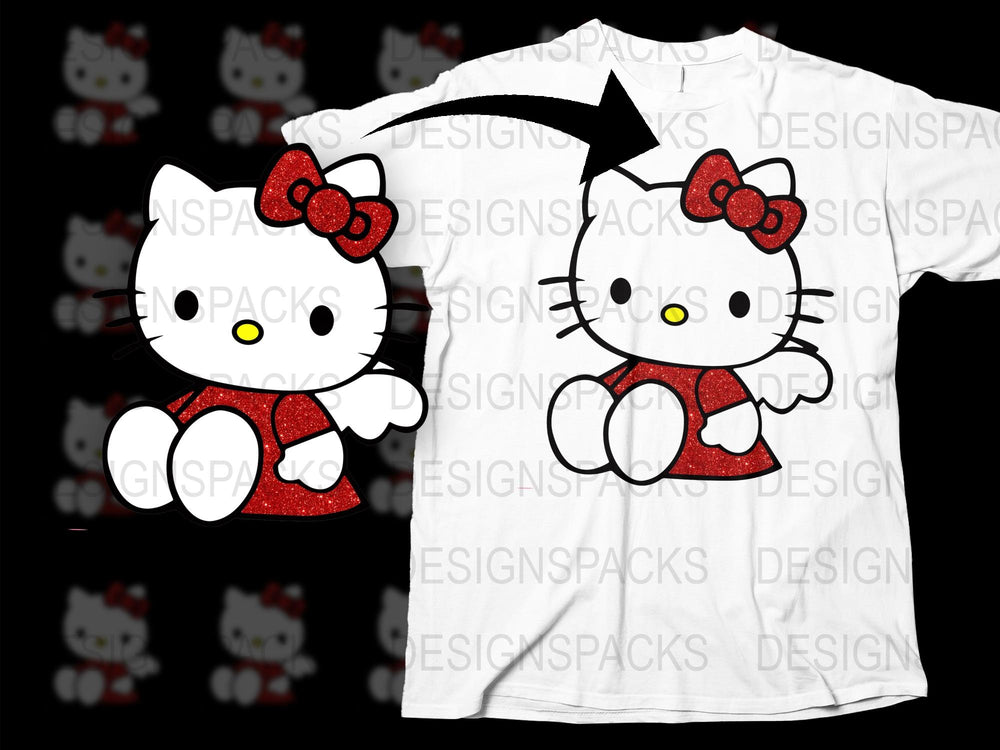 Cute White Kitten Character T-Shirt, Red Bow and Dress, Cartoon Graphic Tee for All Ages