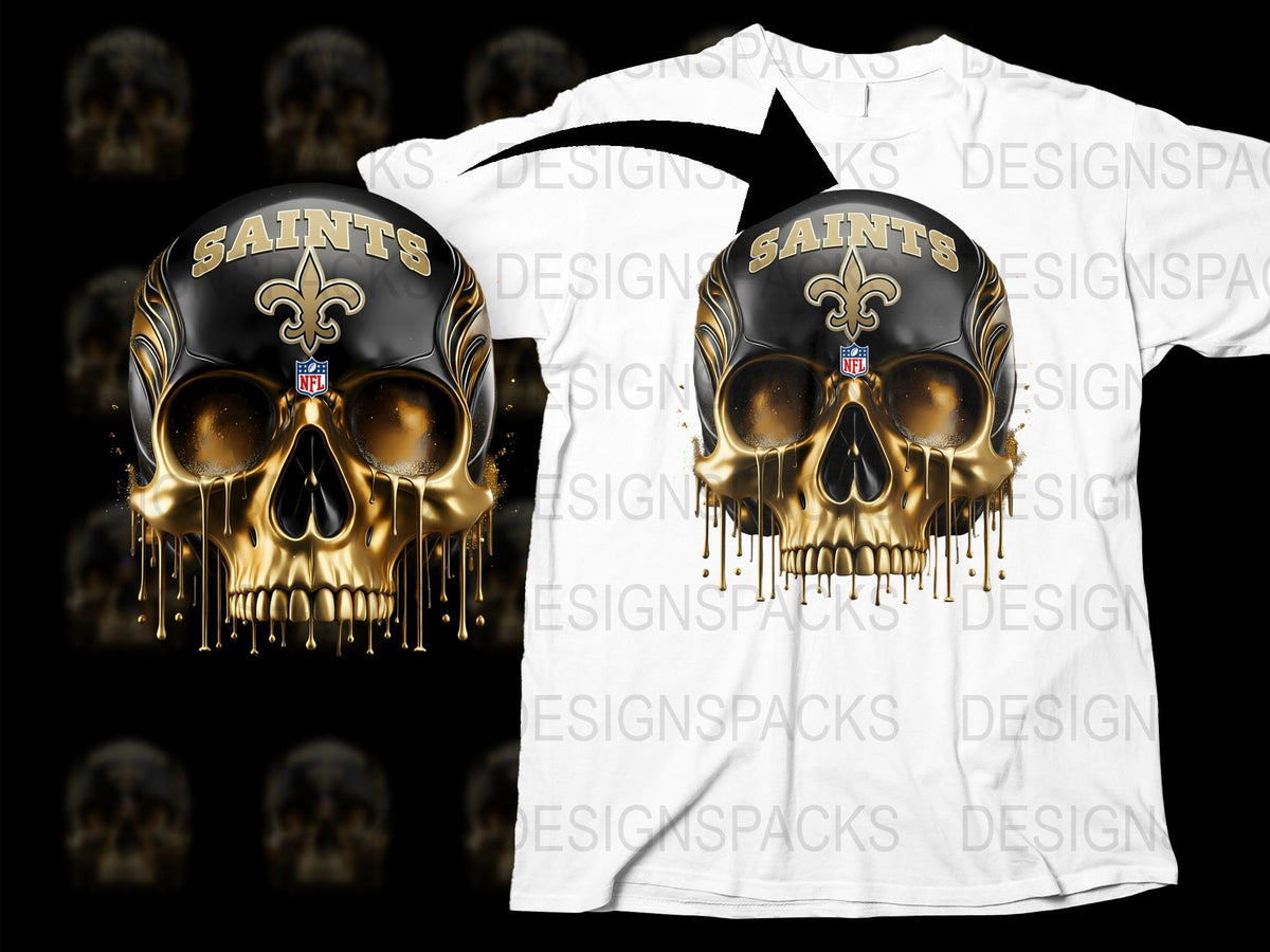 New Orleans Saints Skull Graphic T-Shirt, NFL Team Fan Apparel, Black and White Cotton Shirt
