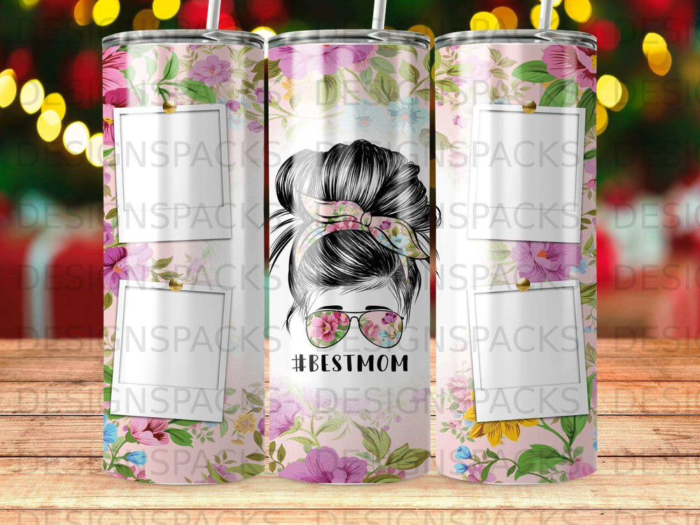 Tumbler with floral pattern, sunglasses-wearing woman bun, and "#BESTMOM" text.