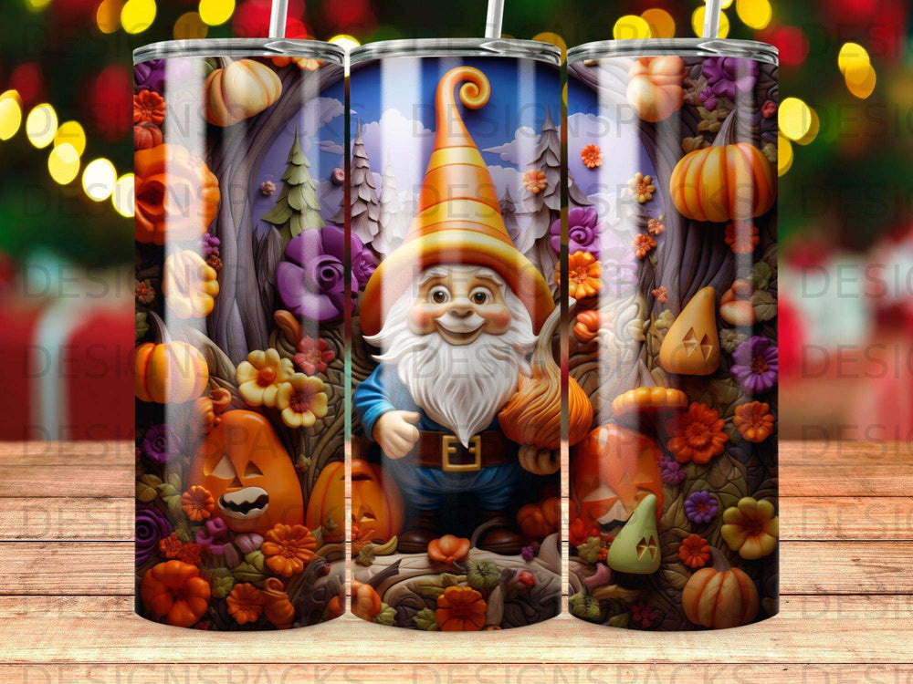 Gnome in pumpkin patch with autumn flowers and trees.