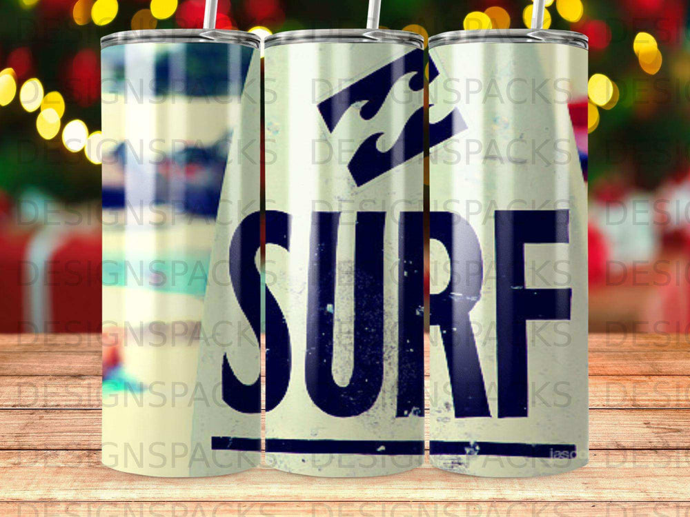Three tumblers with "SURF" logo and Billabong branding.